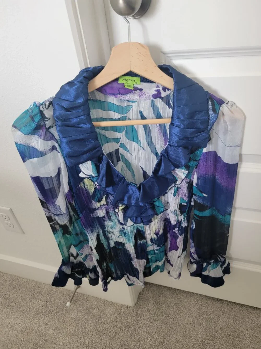 Vintage Y2K Whimsigoth Agora Abstract Watercolor Crinkle Ruffle Blouse
